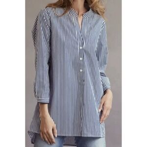 Harshman Anthropologie Derrington Striped Tunic Blue & White Button Up Preppy